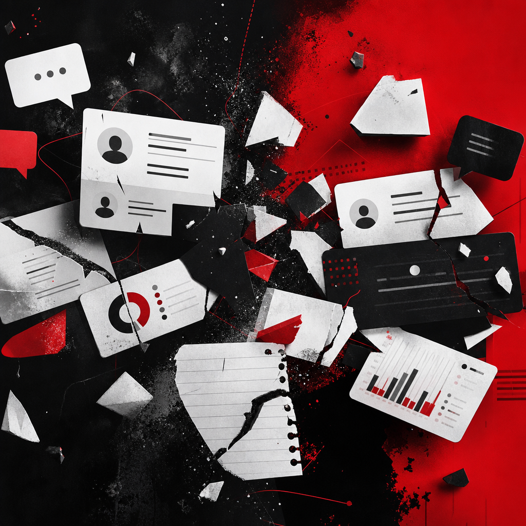 colagem editorial 1:1 sobre contexto e nuance perdidos no CRM clássico, com campos fragmentados, balões de conversa, sinais comerciais dispersos e próxima ação invisível, estética V4, vermelho profundo, branco e preto, sem texto
